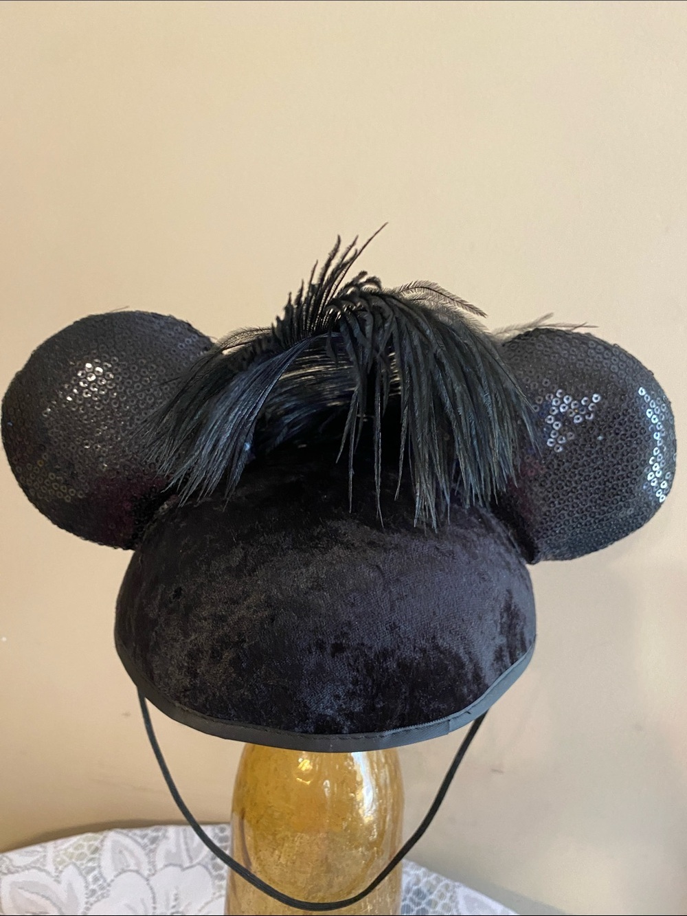 Disney Pink Polka Dot Bow Headband with Black Feathers and Sequined Ears - Picture 3 of 7